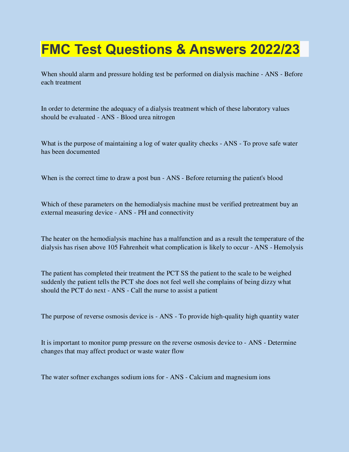 Preview image of FMC Test Questions & Answers 2022/23 document